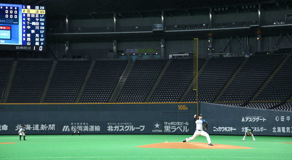 【画像・写真】オリックスとのオープン戦、無観客試合の中で投げる日本ハム・有原（撮影・高橋茂夫）