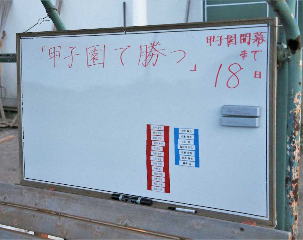 磐城高一塁ベンチに置かれたホワイトボードは3月1日に書き込まれたのを最後にカウントダウンが止まっていた（撮影・近藤　大暉）