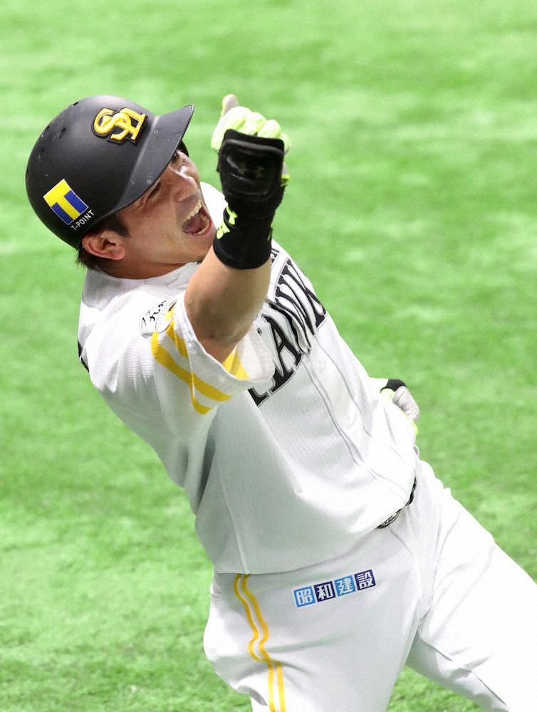 【画像・写真】ロッテとの練習試合の2回無死、左越え本塁打を放ち「熱男」と叫ぶソフトバンク・松田宣（撮影・中村達也）
