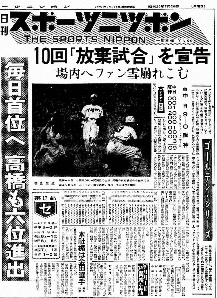 「大阪球場事件」を報じる1954年7月26日付のスポニチ（大阪本社発行版）1面。阪神の放棄試合でスコアは0－9となっている。