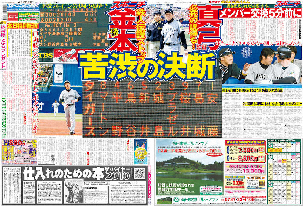 阪神・金本の連続試合フルイニング出場ストップを報じる10年4月19日付1・終面連版　