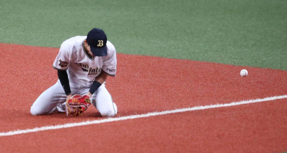 【画像・写真】＜オ・楽＞延長10回、2死一、二塁、銀次の一塁ゴロを後逸する中川（撮影・成瀬　徹）
