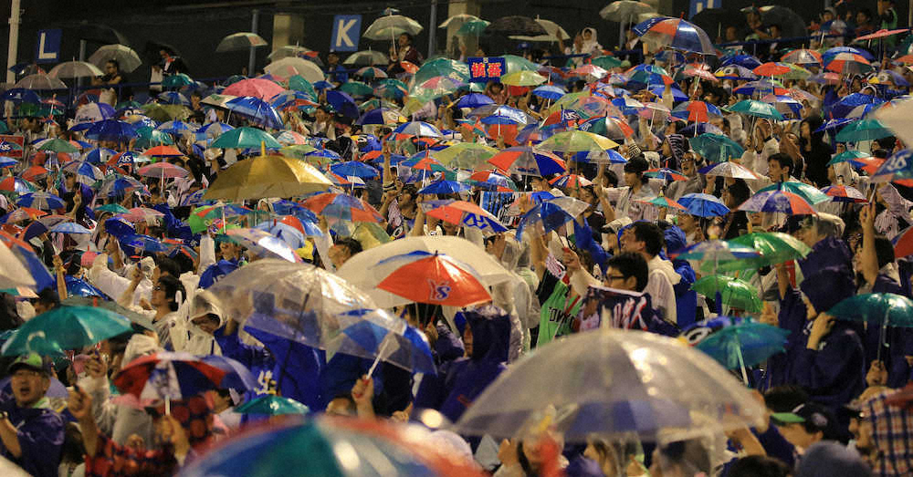 東京音頭に合わせて、傘を振って盛り上がるのがヤクルトファンの定番