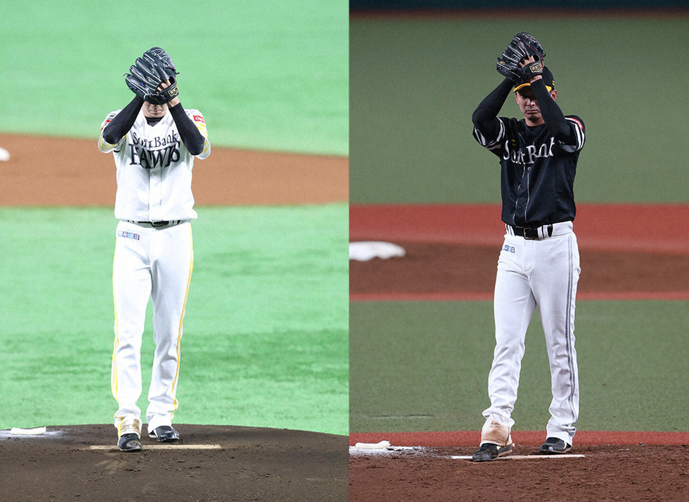東浜の2019年のフォーム（左）と2020年のフォーム