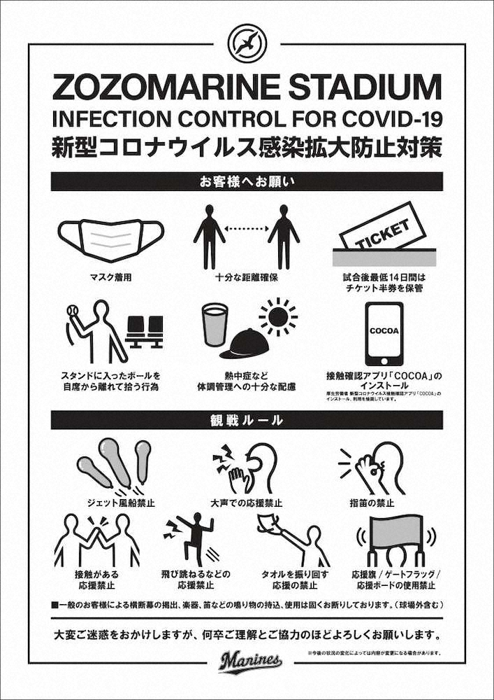 ZOZOマリンに掲出する新型コロナウィルス感染拡大防止対策に関する呼びかけ、お願い事項を記載したポスター