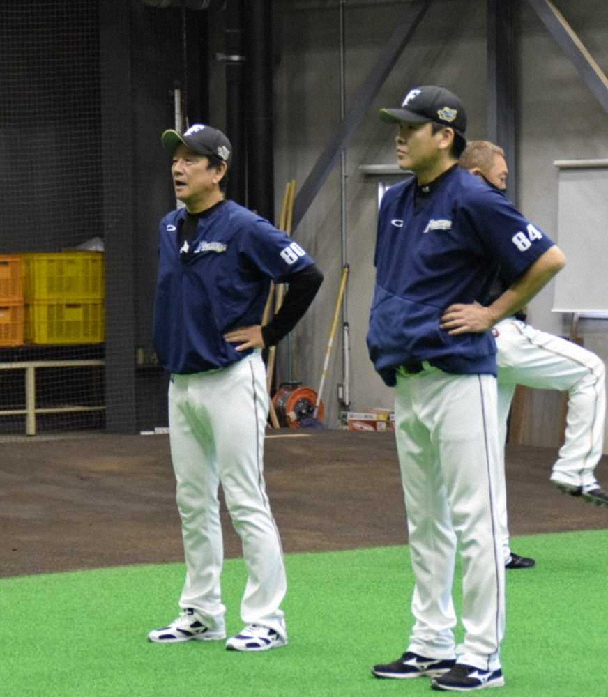 札幌市内の室内練習場で行われた全体練習を視察する日本ハム・栗山監督（左）。右は厚沢ベンチコーチ兼投手コーチ