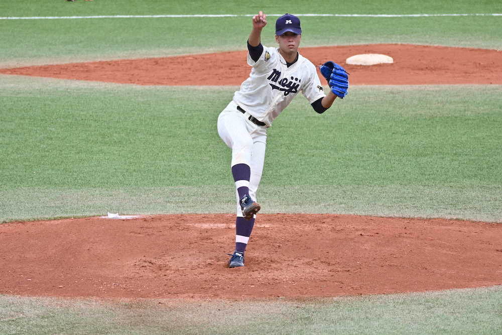 【画像・写真】明大のエース・入江が7球団スカウトの前で151キロ計測　西武・渡辺久信GM「上位候補の力」