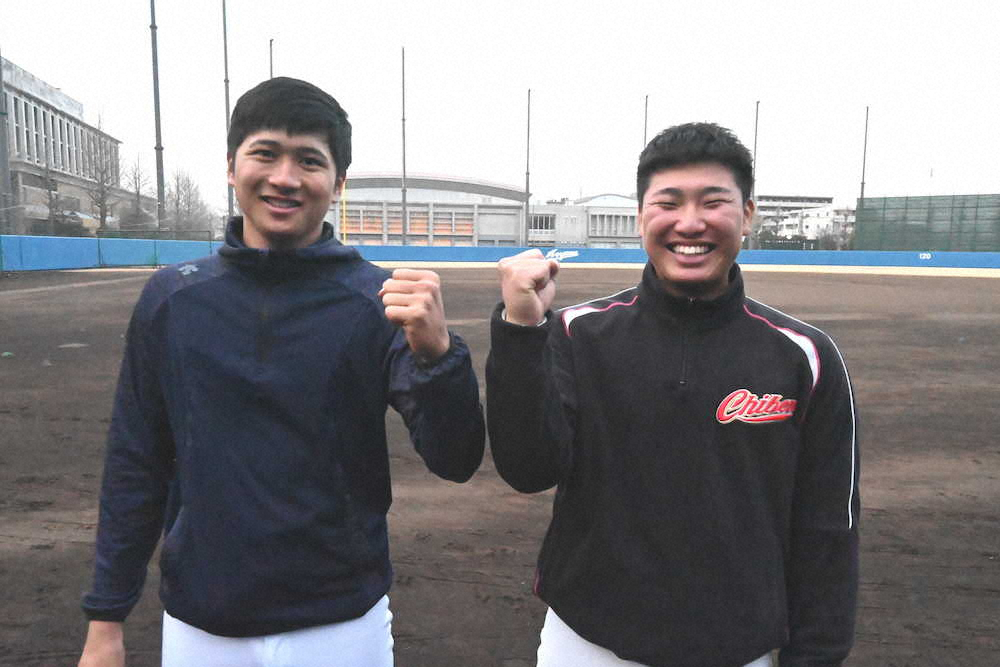 日本一へ意気込む青学大の泉口主将（左）と森（撮影・柳内　遼平）
