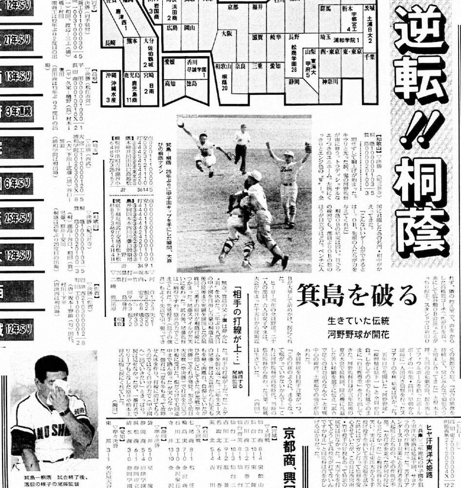 桐蔭25年ぶりの甲子園出場を伝える1986年7月29日付のスポニチ本紙（大阪本社発行版）