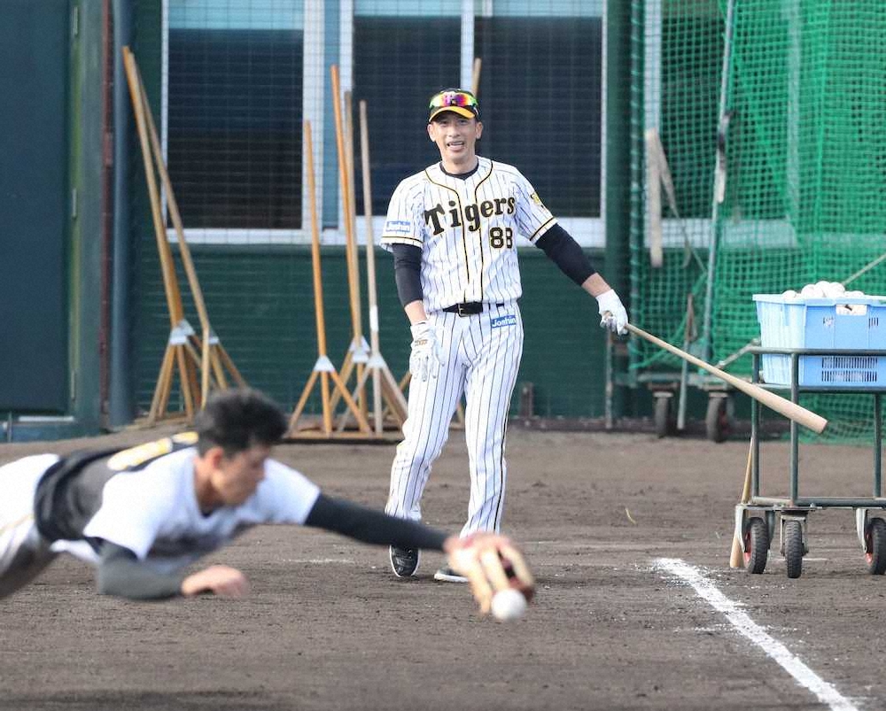 【画像・写真】「DEATHノック」に阪神・矢野監督が登場　12球団最多失策返上へ、小幡、木浪にノックの雨降らす