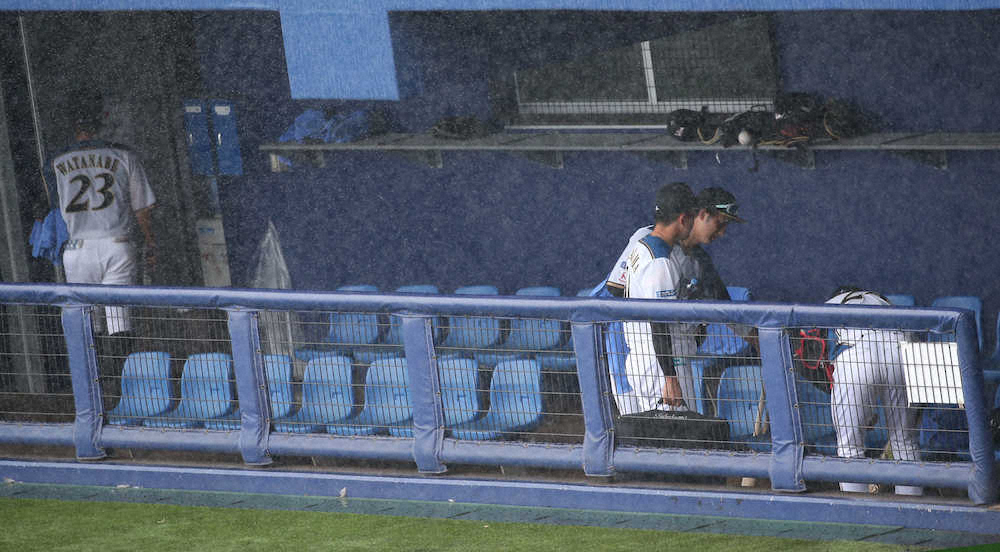 日本ハムの紅白戦が雨天中止でベンチを引き上げる選手達（撮影・高橋　茂夫）
