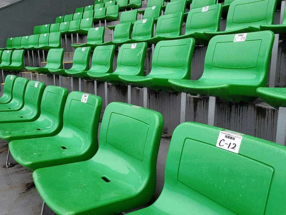27日の有観客試合に備え、席に番号が割り振られた高知・春野総合運動公園野球場