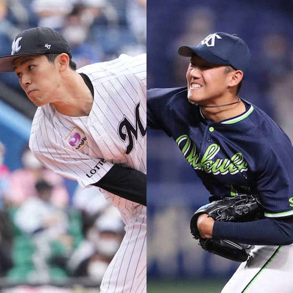 ロッテ・佐々木朗希投手（左）、ヤクルト・奥川恭伸投手