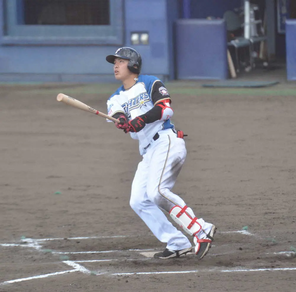 イースタン・リーグ、巨人戦で左越えに本塁打を放つ日本ハム・野村
