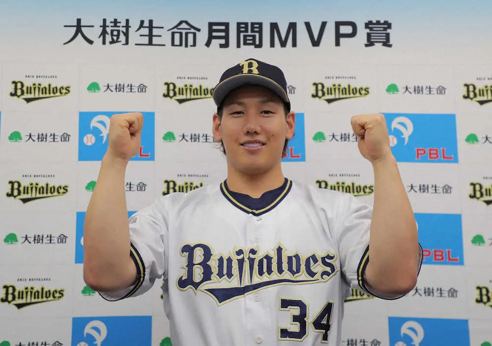 5月度の月間MVPを受賞しガッツポーズを決める吉田正