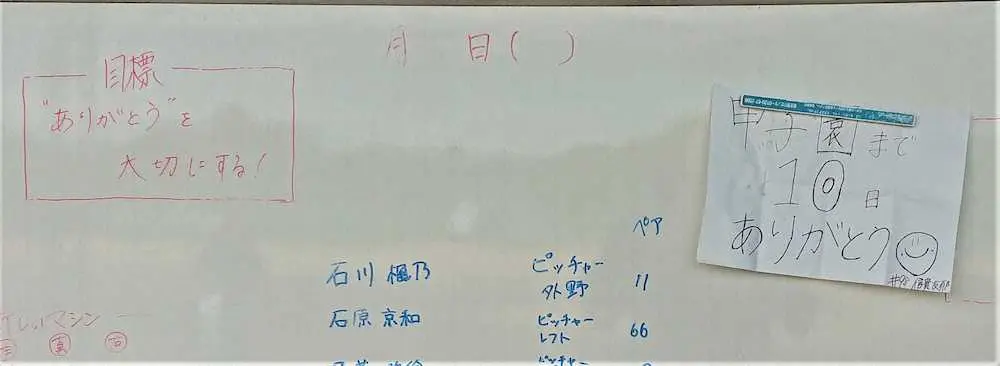 神戸弘陵女子のベンチの掲示板には「目標」と「甲子園まで10日」の文字（15日、同校グラウンド）