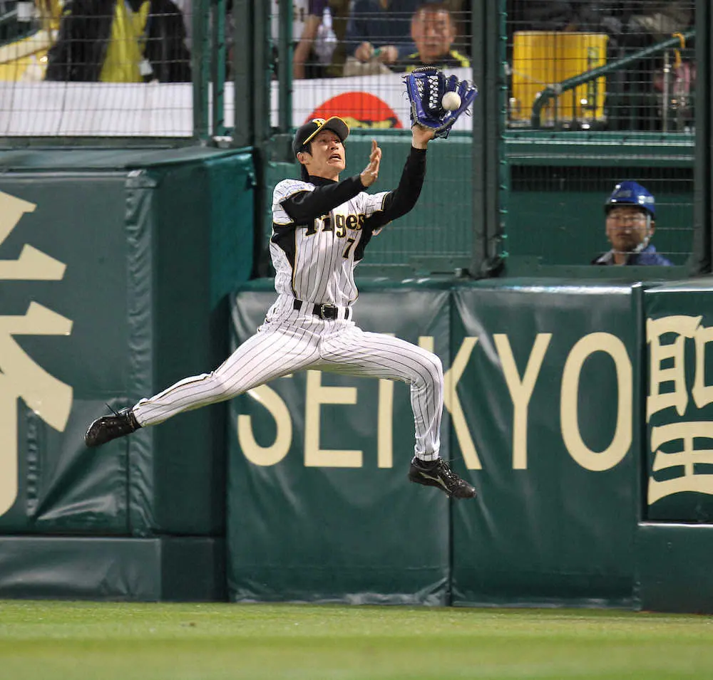 【画像・写真】2010年4月9日のヤクルト戦で、田中の右越えの大飛球をフェンスに激突しながら捕球する阪神・藤川俊介外野手