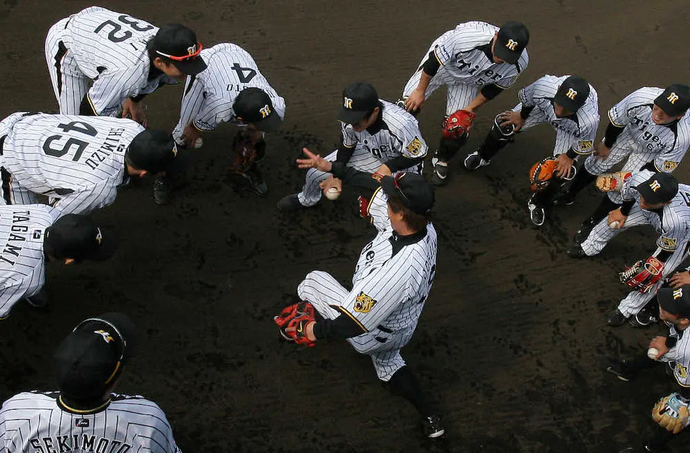 【画像・写真】2012年2月の宜野座キャンプで、練習前の円陣で声出しを務めた城島は俊介（藤川俊介）に気合いのビンタをする