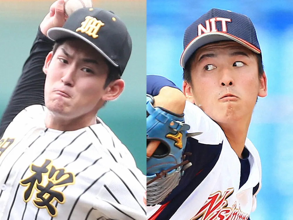 ノースアジア大明桜の風間球打投手（左）と西日本工大の隅田知一郎投手
