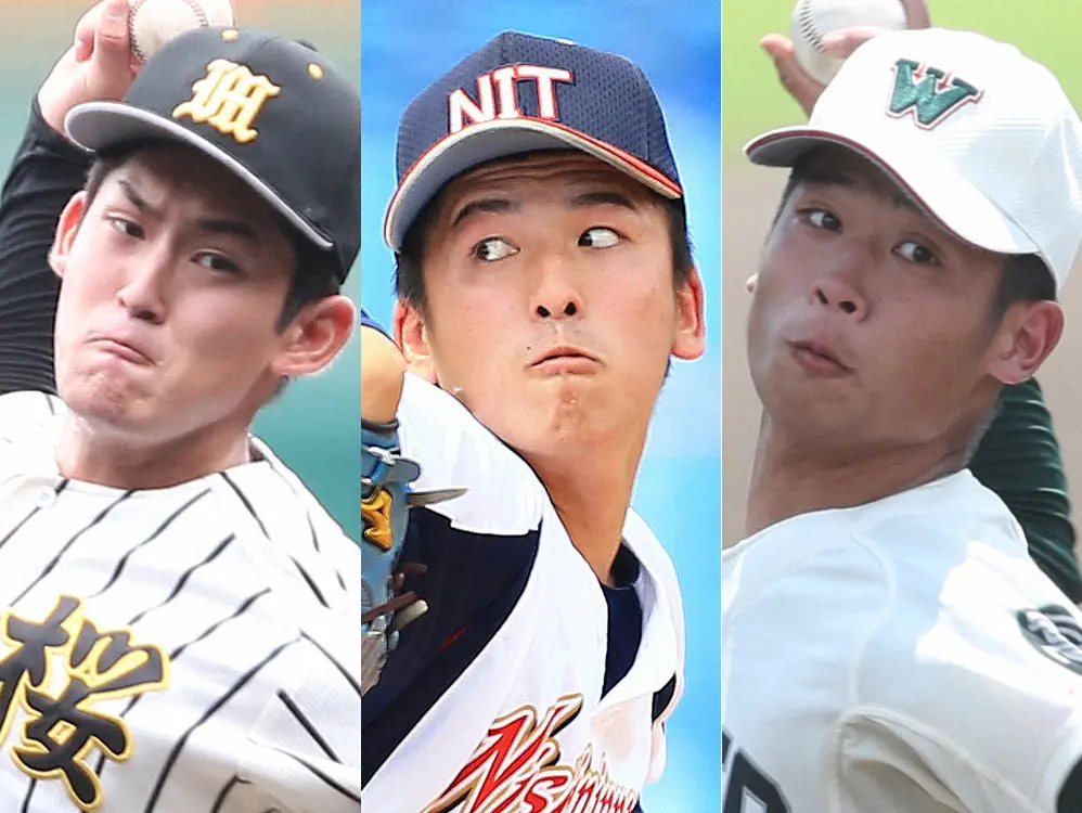 （左から）ノースアジア大明桜の風間球打投手、西日本工大の隅田知一郎投手、市和歌山の小園健太投手