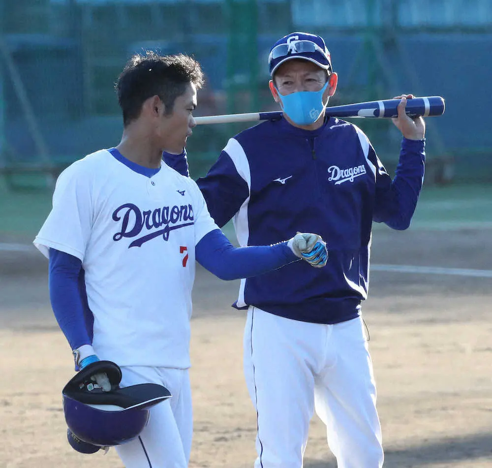 【画像・写真】＜中日練習＞根尾（左）を指導する立浪監督　（撮影・奥　調）