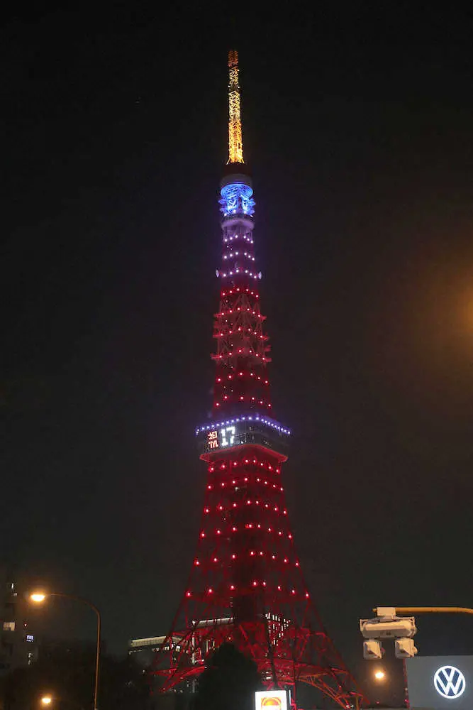 ＜大谷MVP関連＞　大谷のMVP獲得を記念してライトアップされた東京タワー　（撮影・光山　貴大）