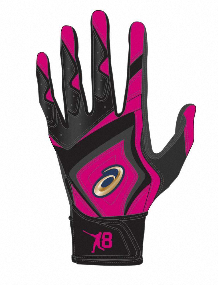 ピンク色を基調にした丸の22年モデルの打撃用手袋（アシックス社提供）