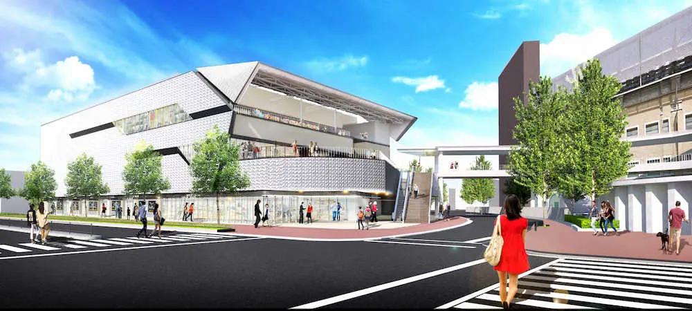 新施設「甲子園プラス」の外観イメージ。右側は甲子園球場（阪神電鉄提供）