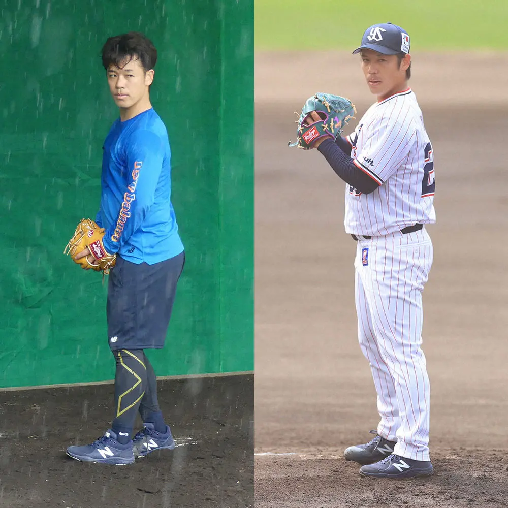 小川は左足を前に出す新フォーム（左）で投げ込んだ。右は21年のフォーム