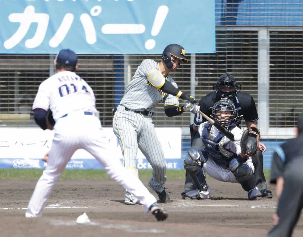 【画像・写真】阪神・佐藤輝が第2打席で左二塁打　奥川に空振り三振の悔しさ晴らす