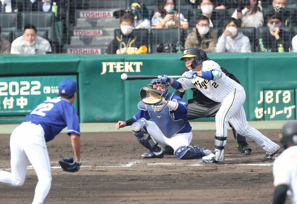 【画像・写真】＜オープン戦　神・中＞　6回無死二塁、梅野は犠打を決める　（撮影・平嶋　理子）　