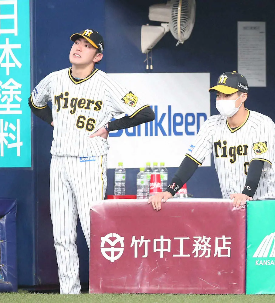 【画像・写真】＜神・ヤ（2）＞6回、先制を許して降板となり、ベンチで悔し気な小川（左）（撮影・北條　貴史）