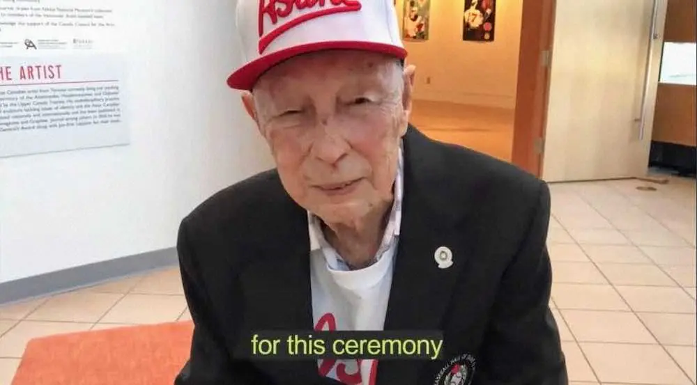 ビデオで参加した元バンクーバー朝日軍選手、100歳のケイ上西さん（Zoom画面より）