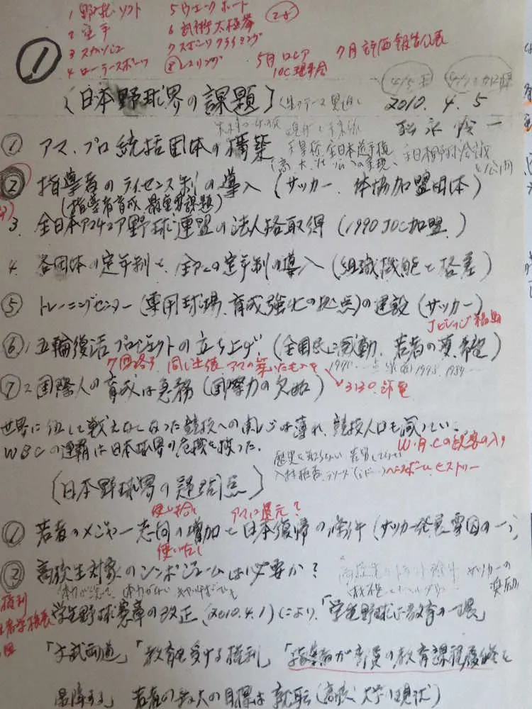 【画像・写真】松永怜一氏　日本球界に10年以上前から抱いていた危機感…ノートに記した「課題」と「疑問点」