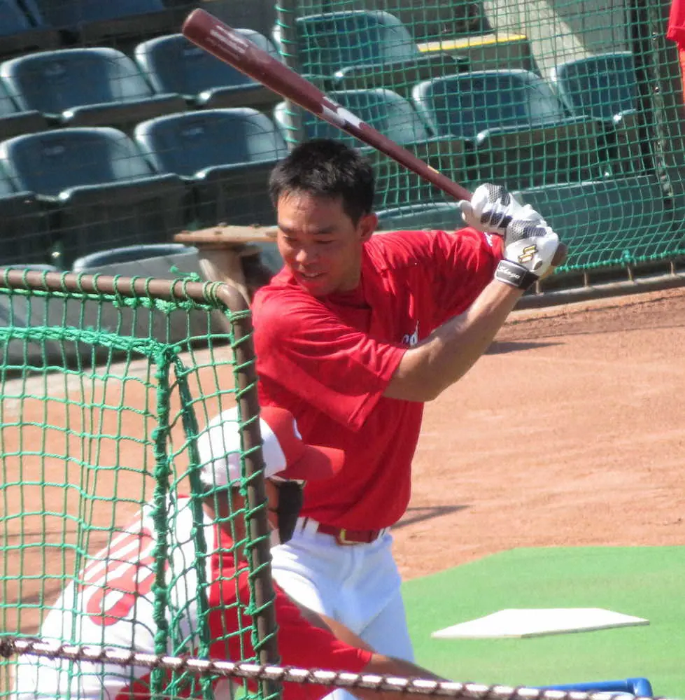 【画像・写真】広島・秋山　試合前練習のフリー打撃で柵越え披露　即1軍昇格は見送りへ