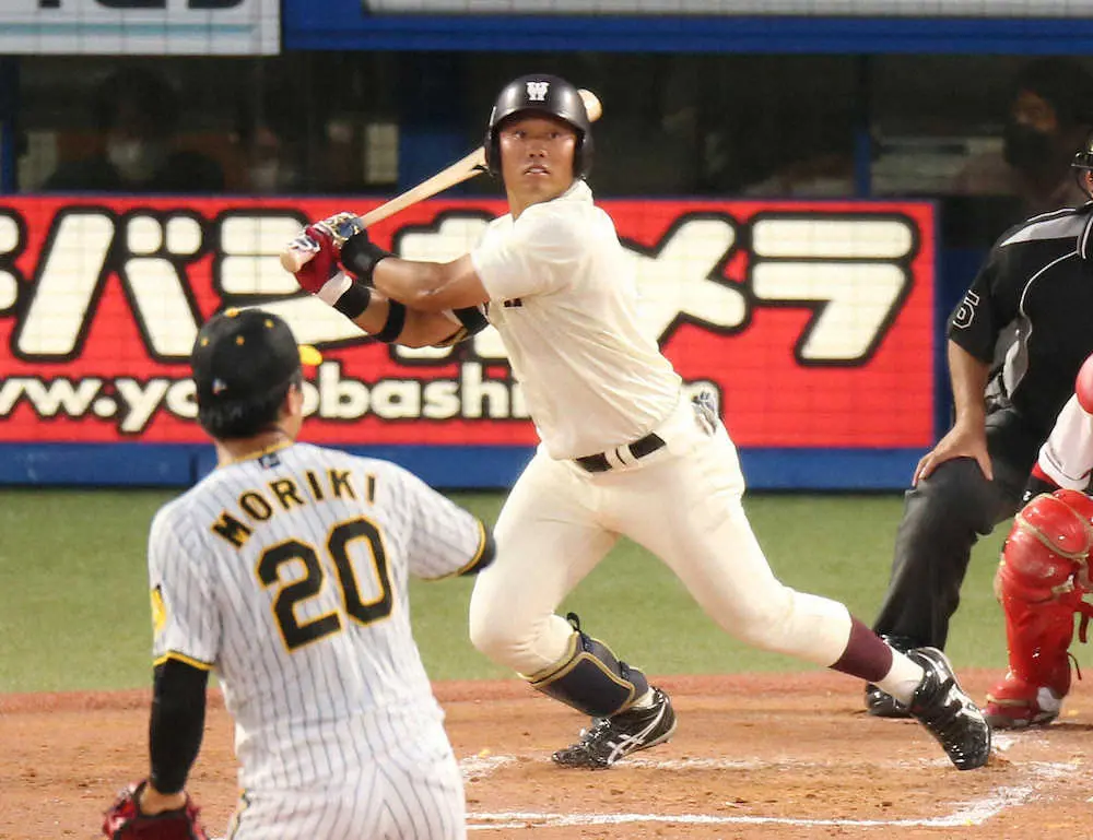 【画像・写真】早大・蛭間、度会欠場で3番→代役1番　阪神・森木の154キロ直球を左前打　同学年・根尾との対戦は中飛