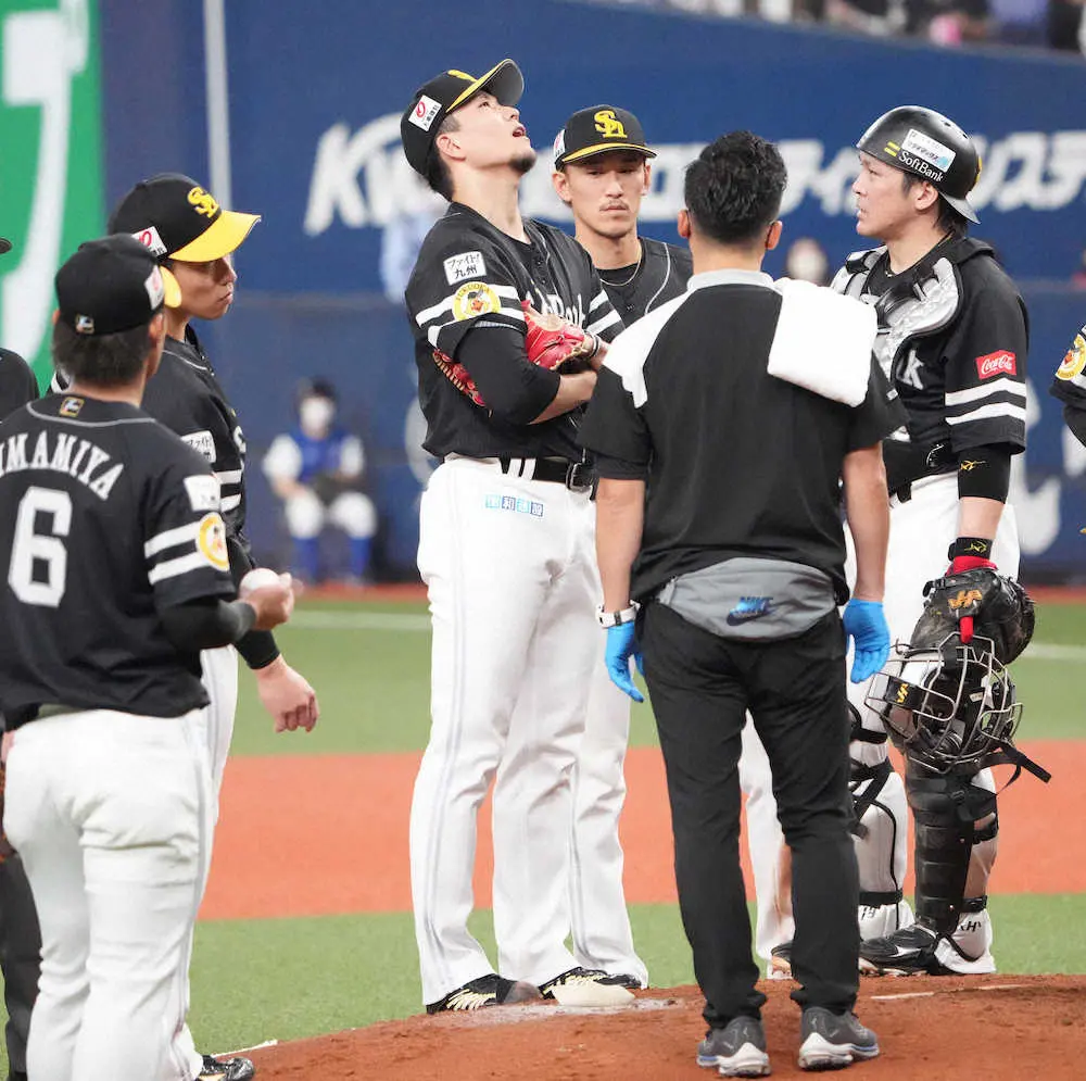 【画像・写真】ソフトバンク快投・千賀にアクシデントか　7回1人投げ終えたところで天を仰ぎ緊急降板　81球無失点