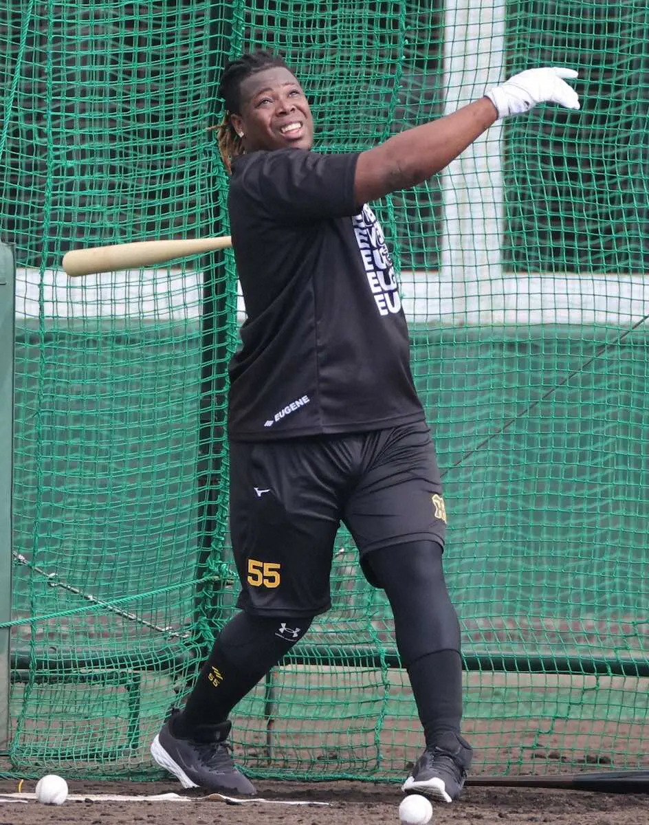 【画像・写真】阪神の新助っ人・ミエセスが豪快“虎1号”　宜野座先乗り自主トレで47スイングし豪快な柵越え3発