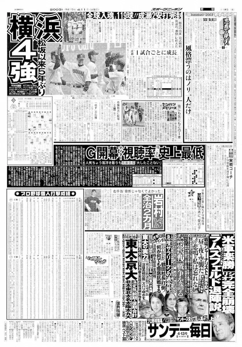 【画像・写真】横浜・成瀬善久の活躍を報じる2003年4月1日付スポニチ紙面