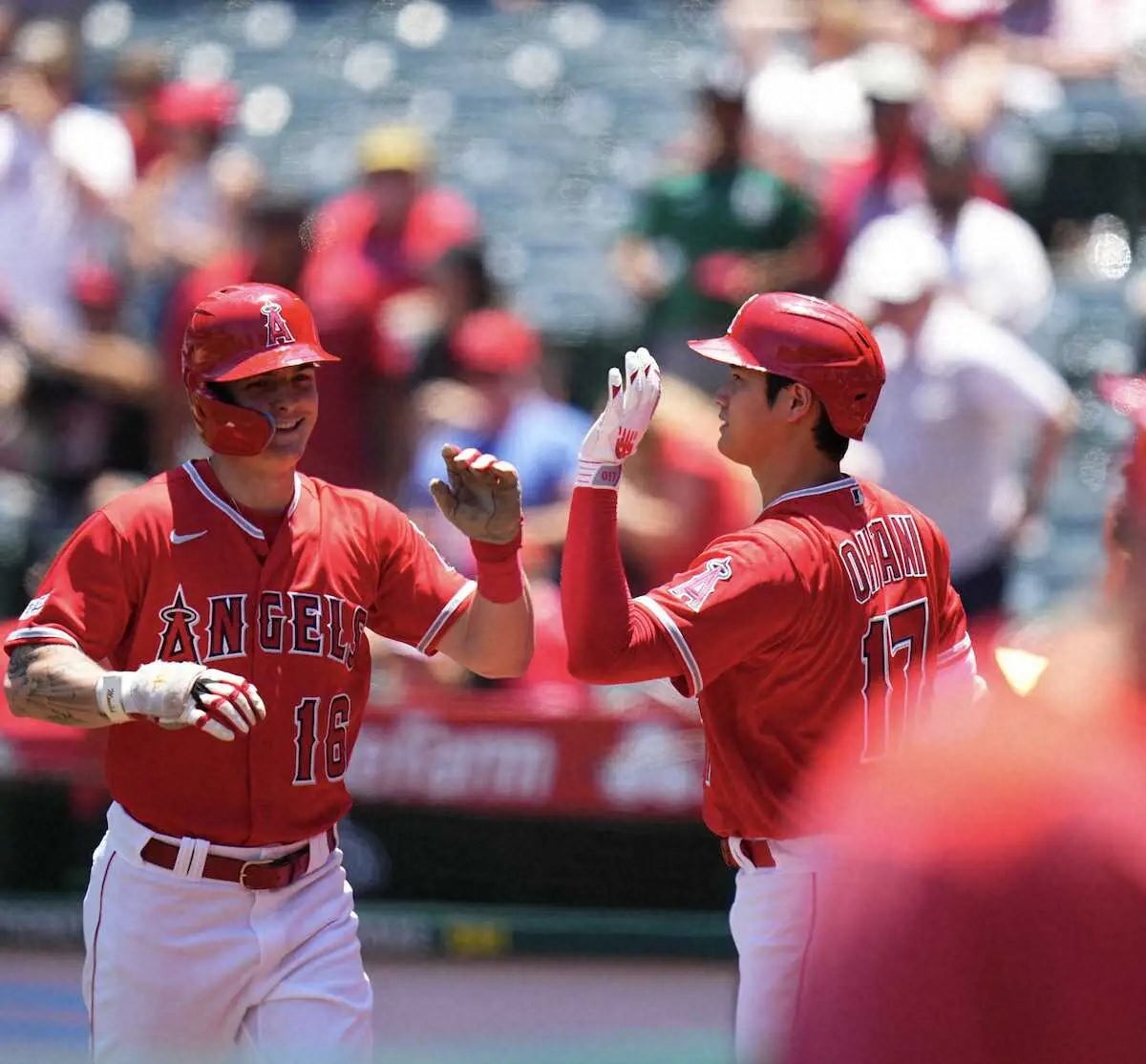 【画像・写真】＜エンゼルス・ホワイトソックス＞初回、同点ソロを放ったモニアク（左）を出迎える大谷（撮影・沢田　明徳）