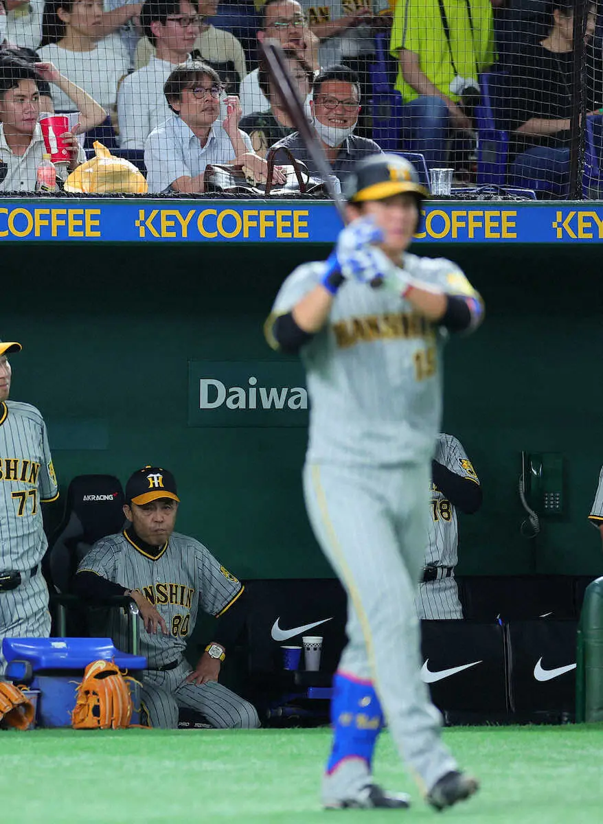 【画像・写真】＜巨・神＞6回、打席に向かう西純（手前）を見つめる岡田監督（撮影・光山　貴大）