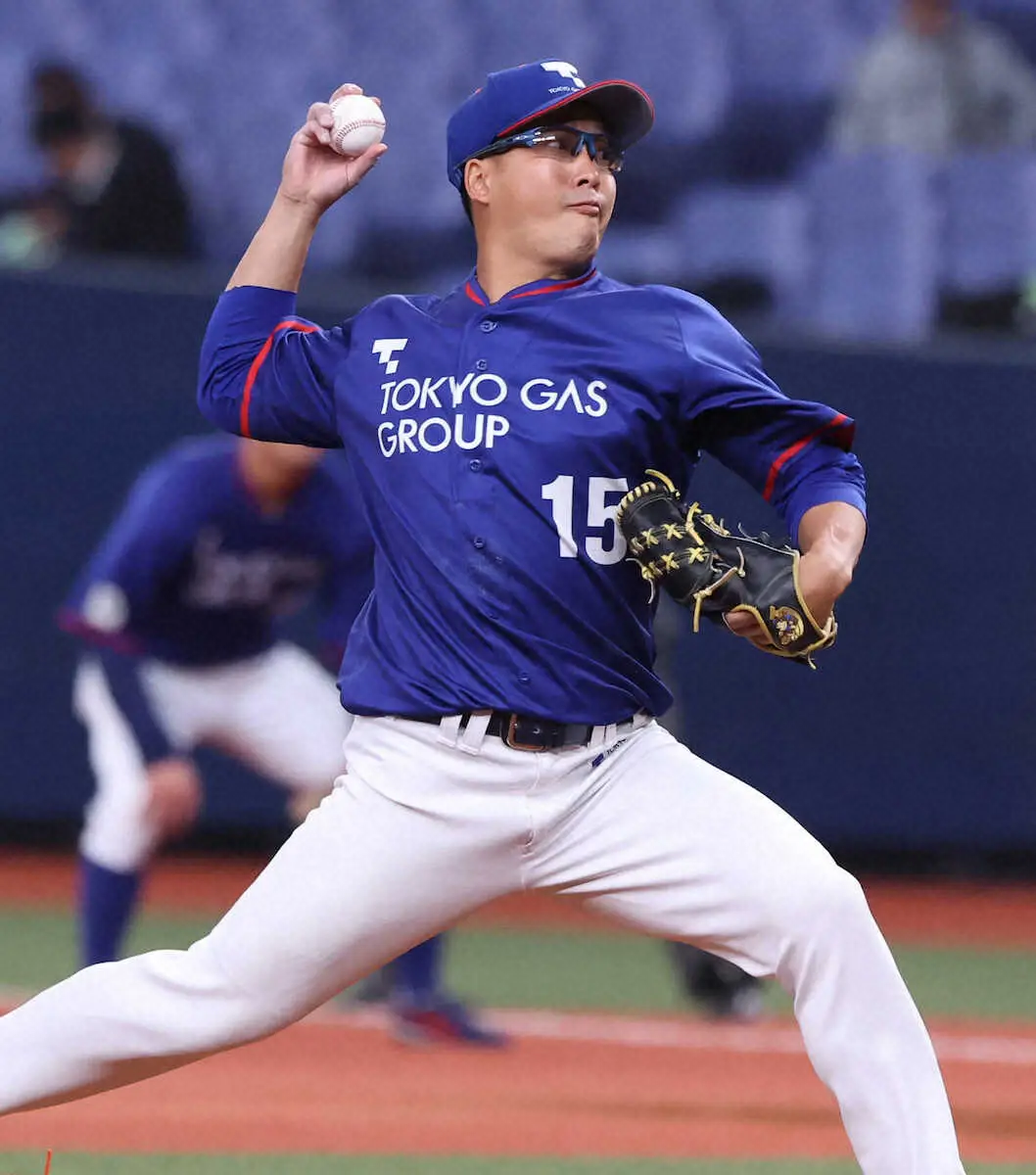 【画像・写真】東京ガス154キロ右腕・臼井、完全試合あと一歩　ドラフト候補挙がった29歳が好発進
