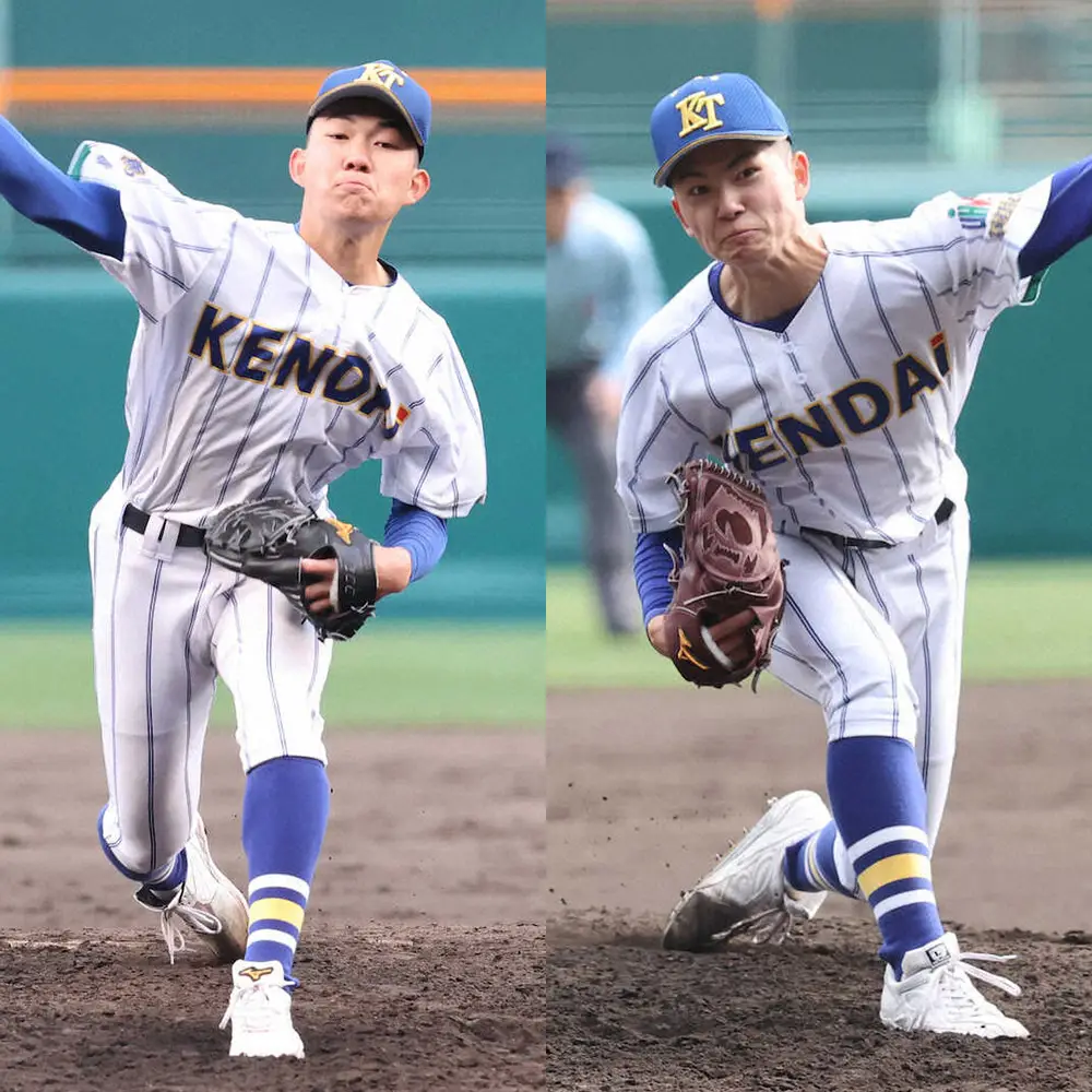 2年生投手で完封リレーを果たした高崎健康福祉大高崎の石垣（左）と佐藤