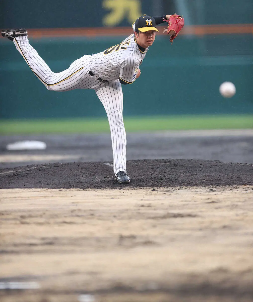 【画像・写真】阪神・才木が雨中の力投　5回までに6奪三振　両軍泥だらけで試合は進行