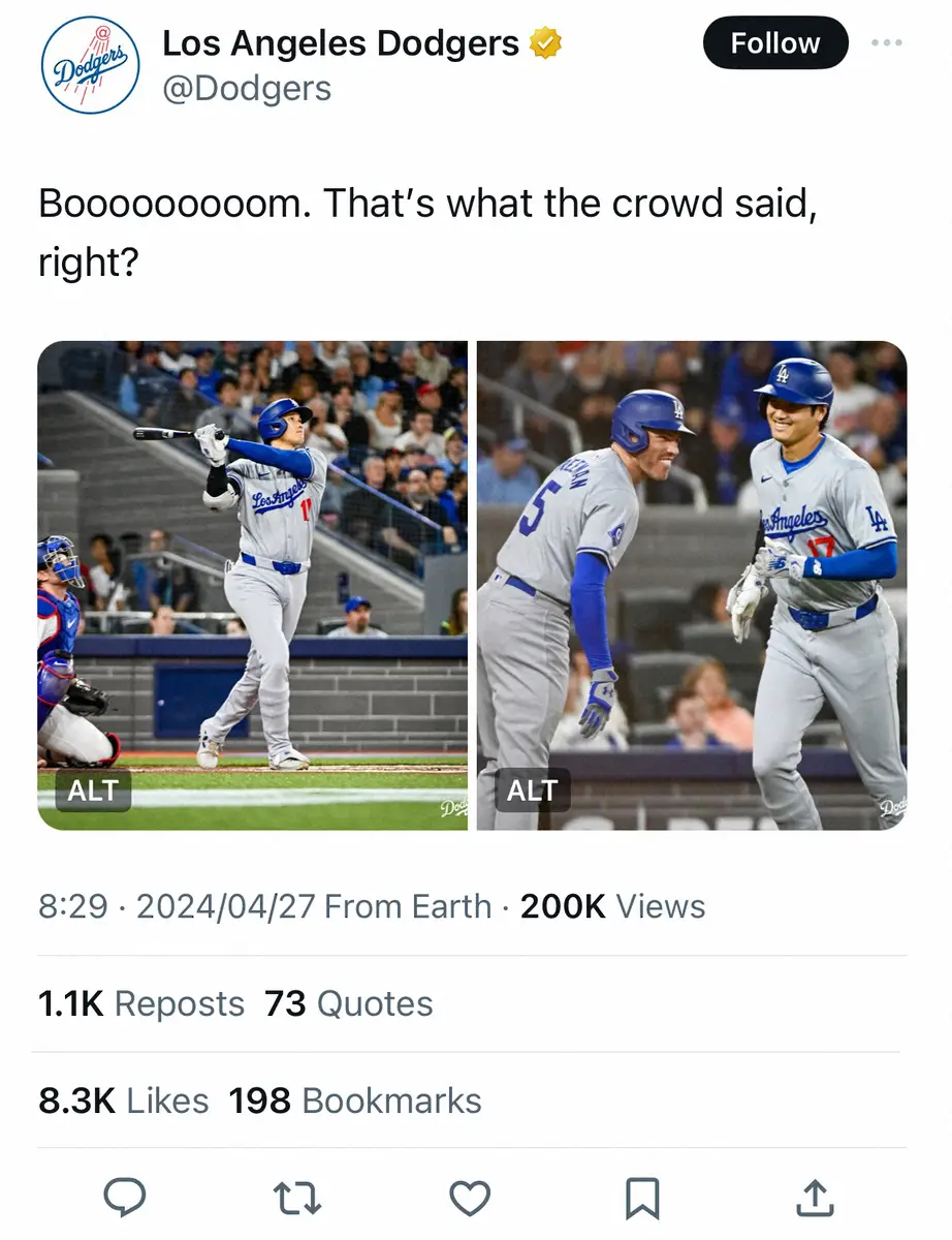 【画像・写真】ド軍公式X　「Booooooooom」大谷翔平への大ブーイングに皮肉　ファン共感「私もそう聞こえた」