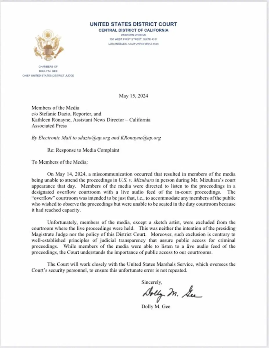 【画像・写真】連邦地裁が謝罪「司法の透明性という確立された原則に反する」　水原一平被告の法廷からメディアを排除