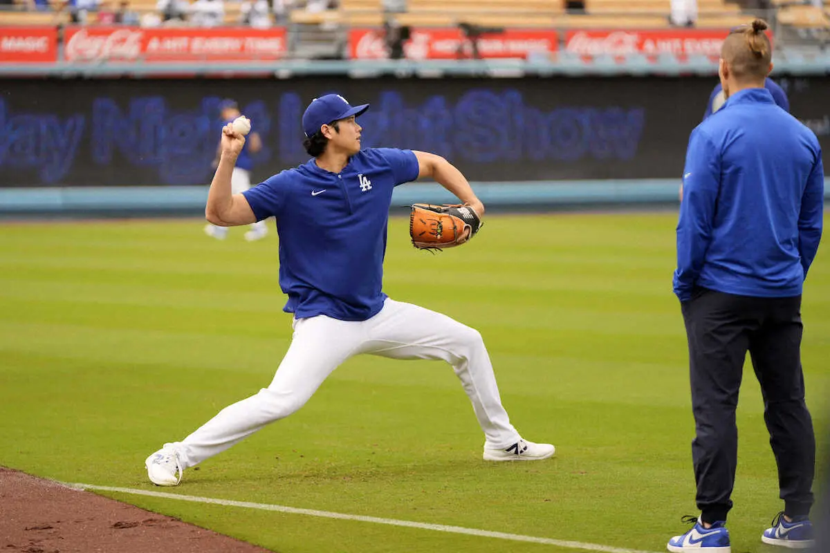 【画像・写真】大谷翔平　レッズ戦前にキャッチボール71球　躍動感のあるフォームでリハビリ順調