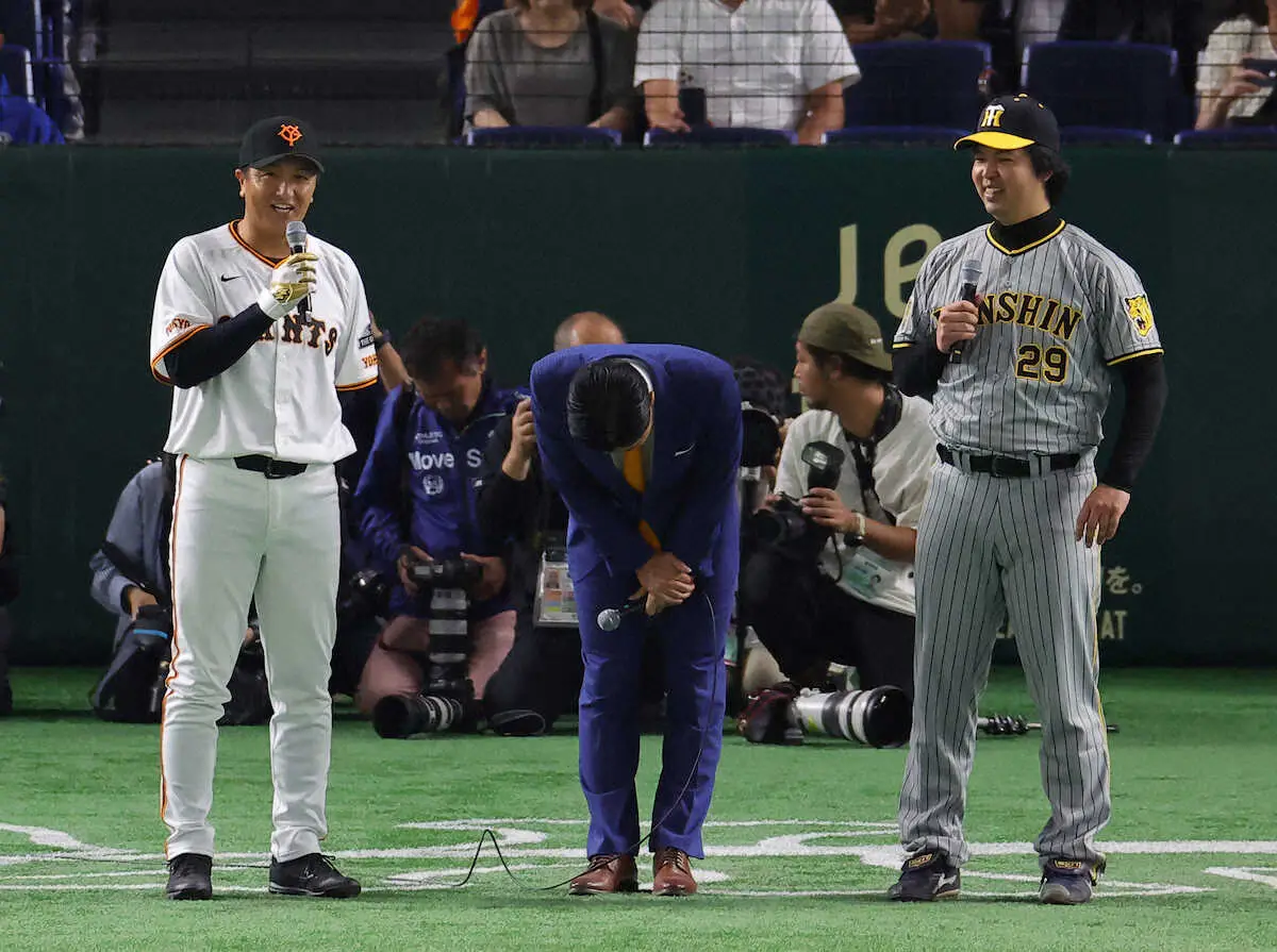 【画像・写真】1打席対決　巨人OB由伸氏が阪神OB井川氏に空振り三振「現実を叩きつけられた」