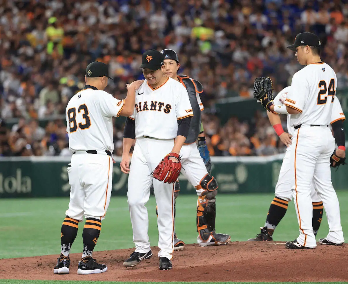 【画像・写真】巨人・菅野　中4日で粘投　交代時に阿部監督から謝罪「大城をファーストで使ったのは僕のせい」