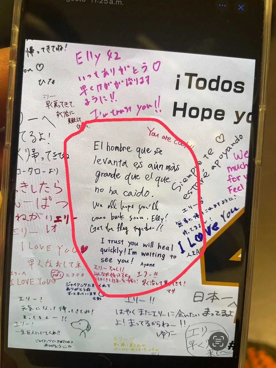 【画像・写真】8月に東京ドームで行われた巨人・ヘルナンデスへの応援メッセージを募る企画「みんな、待っているぞ！エリー」でボードに書かれたメッセージをヘルナンデスがスマホで撮影して保存。赤で囲まれているのは、スペイン語で「苦しい時から立ち上がった人が、苦しんだことない人より大きくなるんだ」と書かれたメッセージ（本人提供）